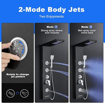 Multi-Function LED Lights Shower Panel System Black, 5 in 1 Shower Panel Include Rainfall & Waterfall Shower Head, 3 Pcs Adjustable Massage Jets, Handheld Shower, Tub Spout
