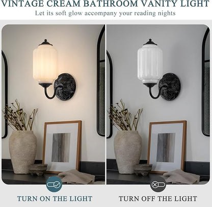 Vintage Gold Milk Glass Wall Sconce, Wall Light Set of 2 - Vintage Milky White Shade & Brass Finish Base, Indoor Hardwired Wall Lighting Fixture for Foyers, Bedroom, etc (Bulbs Included)-White