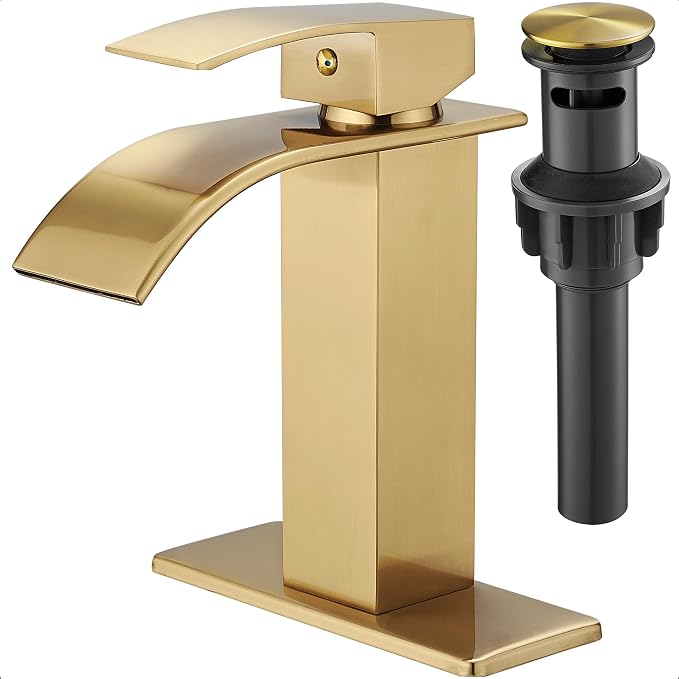 Gold Bathroom Faucet Waterfall, Brass Bathroom Faucets Single Hole or 3 Hole 4 Inch, Single Handle Bathroom Sink Faucet with Deck Plate & Drain