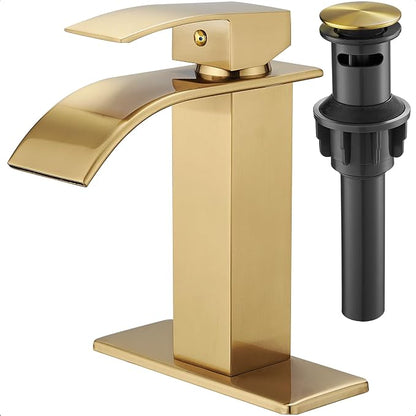 Gold Bathroom Faucet Waterfall, Brass Bathroom Faucets Single Hole or 3 Hole 4 Inch, Single Handle Bathroom Sink Faucet with Deck Plate & Drain