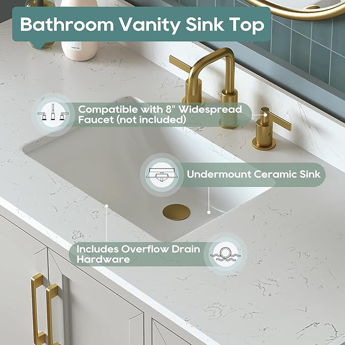 48 Inch Bathroom Vanity with Sink Combo, Solid Wood Frame with Mable Top &Backspalsh, Fully-Assembled with Soft-Closing Doors & 7 Drawers, Greige