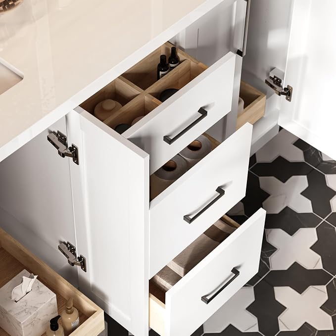 ARIEL Loren 60-inch Bathroom Vanity with Sink,Solid Wood, 1.5-inch Pure White Quartz Countertop, Double Rectangular Porcelain Sink, 4 Soft Closing Doors, 3 Dovetail Drawers, White