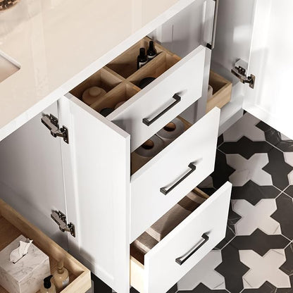 ARIEL Loren 60-inch Bathroom Vanity with Sink,Solid Wood, 1.5-inch Pure White Quartz Countertop, Double Rectangular Porcelain Sink, 4 Soft Closing Doors, 3 Dovetail Drawers, White