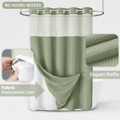 No Hook Shower Curtain and Liner Set,Sage Green Hotel Waffle Shower Curtain with Liner 75" L x 72" W,White Ring | Washable Snap in Fabric Liner, Mesh Top Window, Waffle Hotel Style Shower Curtain Set