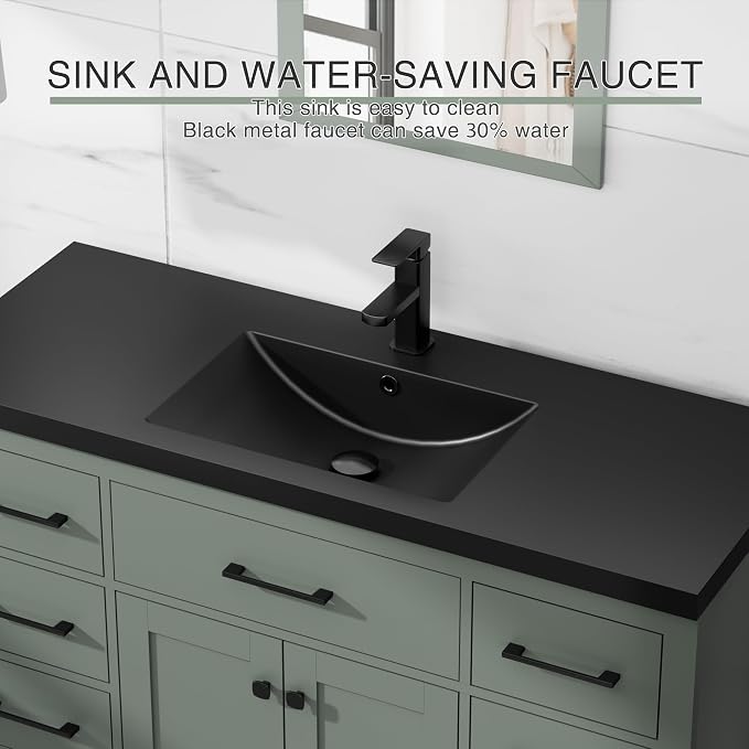 LUCKWIND 48" Modern Bathroom Vanity with Sink Combo, Contemporary Painted Storage Cabinet and Single Black Sink, Include Soft-Closing Doors & Matte Black Faucet, Green