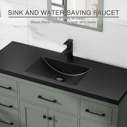 LUCKWIND 48" Modern Bathroom Vanity with Sink Combo, Contemporary Painted Storage Cabinet and Single Black Sink, Include Soft-Closing Doors & Matte Black Faucet, Green
