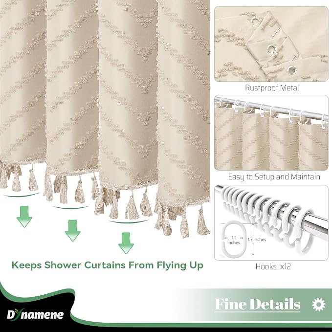 Extra Long Boho Shower Curtain Tufted Chevron 72"x96" Beige | 96 Inch Tall, Elegant Tassel, Lightweight Textured Fabric, Water Repellent, Washable, Hotel Spa, for Bathroom/Dorm 12 Hooks