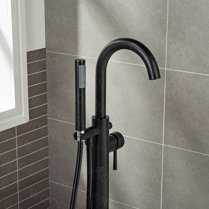 Woodbridge Contemporary Single Handle Floor Mount Freestanding Tub Filler Faucet with Hand Shower in Matte Black Finish,F0006MBRD