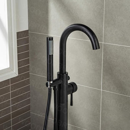 Woodbridge Contemporary Single Handle Floor Mount Freestanding Tub Filler Faucet with Hand Shower in Matte Black Finish,F0006MBRD