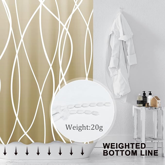 Striped Shower Curtain for Bathroom, Ombre Khaki, 72" W x 72" L | with Hooks, Modern Hotel Style, Water Repellent, Washable, Weighted Hem