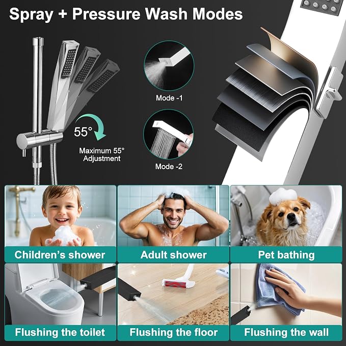 All Metal 12 Inch Rain Shower Head with Handheld Spray Combo, High Pressure Waterfall Rainfall Square Shower Heads with 16" Adjustable Extension Arm, Dual Showerhead with 3-Way Diverter, Chrome