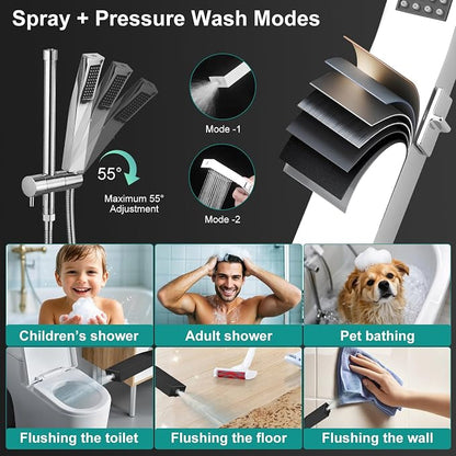 All Metal 12 Inch Rain Shower Head with Handheld Spray Combo, High Pressure Waterfall Rainfall Square Shower Heads with 16" Adjustable Extension Arm, Dual Showerhead with 3-Way Diverter, Chrome