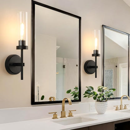 WILON Bathroom Wall Sconces Vanity Light Fixtures, Black, 2 pcs | Clear Glass Shade, 60W MAX, Modern Farmhouse Style for Vanity Mirror Bedroom Bedside Hallway Corridor Stairs bathroom