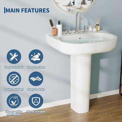 Elegant Square Pedestal Sink with 8-Inch Widespread Faucet Configuration – High-Gloss Ceramic Bathroom Vanity Basin, Sturdy Column Support, Versatile Fit for Bath & Luxury Hotel Style Decor