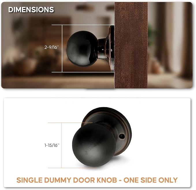 Copper Creek Dummy Interior Door Knob – ANSI Grade-3 Certified, Modern Heavy Duty Handle, Easy Install and Reversible for French Doors & Closets, Non Turning – Tuscan Bronze (1 Pack)