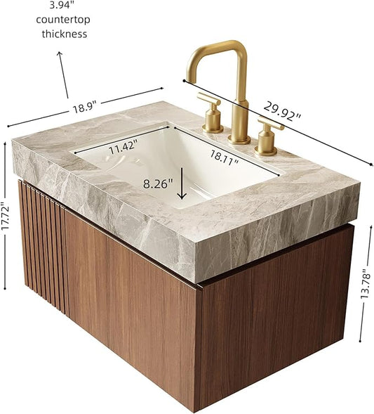 KEIKI 30 Inch Floating Bathroom Vanity with Sink, Modern Wall Mounted Storage Cabinet with Drawer, Pre-Assembled Waterproof Wood Panels, Sintered Stone Top & Ceramic Basin Combo Set, Brown Oak & Grey