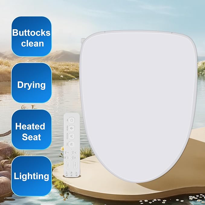 Electric Heated Bidet Toilet Seat with Adjustable Warm Water, Rear & Front Wash, Warm Air Dryer, Self-Cleaning Nozzle, Soft Close, Nightlight, Remote Control,Elongated