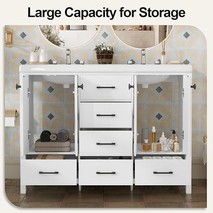 46.7 inch Bathroom Sink Vanity Combo, Large Freestanding Double Bath Vanity Sink Set with 2 Cabinets & 5 Drawers, Dual Basin Modern Bathroom Storage Cabinet, Modern White