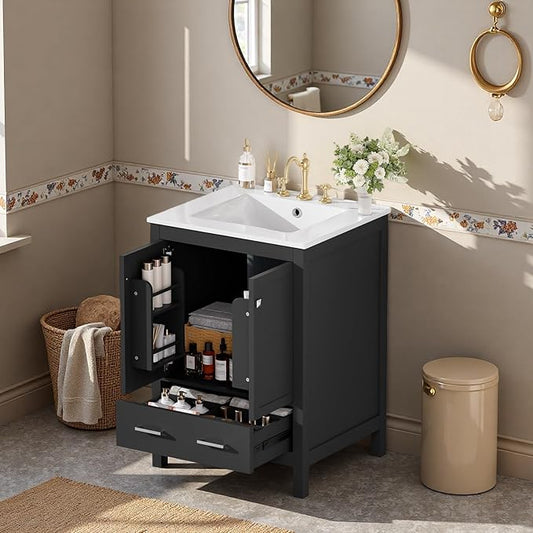 24" Freestanding Bathroom Vanity with Sink, Floor Stand Bathroom Storage Cabinet with Ceramic Sink, Doors with Double-Layered Storage Shelves, Modern Compact Vanity with Divided Drawer, Black