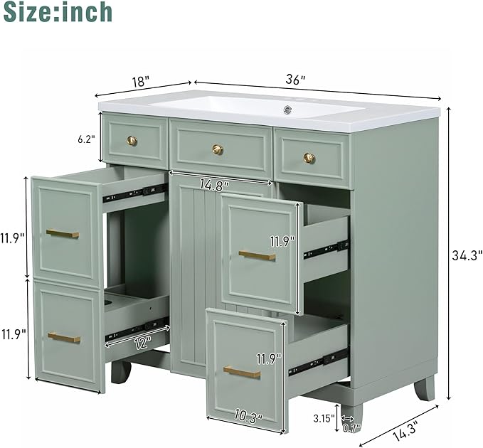 LUMISOL 36" Bathroom Vanity with Ceramic Sink, Modern Bathroom Vanity with 3 Drawers & Soft Close Doors, Solid Wood Bathroom Sink Cabinet with Undermount Basin, Gold Handles (Green)
