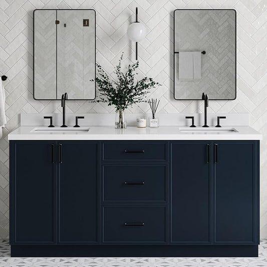 ARIEL Kelly 72-inch Bathroom Vanity with Sink,Solid Wood, 1.5-inch Pure White Quartz Countertop, Double Rectangular Porcelain Sink, 4 Soft Closing Doors, 5 Dovetail Drawers, Midnight Blue