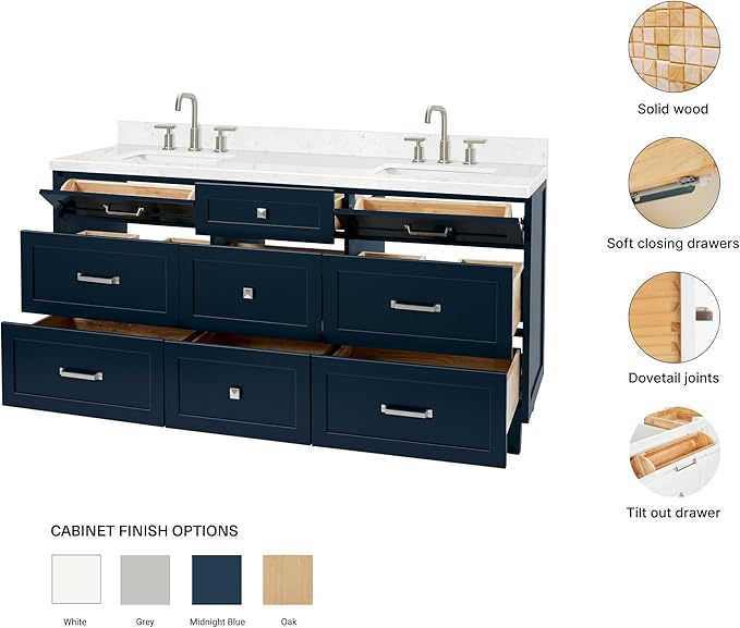 ARIEL Monroe 66-inch Bathroom Vanity with Sink,Solid Wood, 1.5-inch Carrara White Quartz Countertop & Backsplash, Double Oval Porcelain Sink, 9 Dovetail Drawers, Brushed Nickel, Midnight Blue