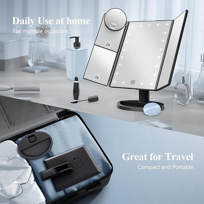 HUONUL 2X/3X/10X Magnifying Vanity Mirror with Light, Trifold Makeup Mirror | Touch Dimming, Dual Power, Clear View for Makeup, Skincare. Dorm Room Essentials. Birthday Gifts for Women, Mom, Wife, Girls