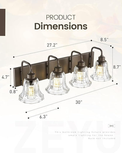 zeyu 4-Light Bathroom Vanity Lighting in Oil Rubbed Bronze Finish, Farmhouse Wall Mount Fixture Over Mirror with Clear Striped Glass, ZJX117B-4W ORB