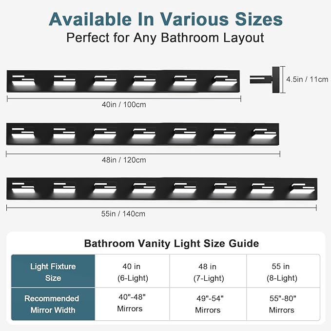 LED Modern Bathroom Vanity Light Fixtures, 7-Light 48-inch Dimmable Matte Black Vanity Lights for Bathroom Lighting Fixtures Over Mirror, with 350° Rotatable Acrylic Heads (Cool White 6000K)