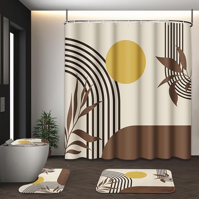 Boho Bathroom Sets with Shower Curtain and Rugs, 4 Pcs, Mid | Century Abstract Geometric Modern Bathroom Decor Set with Toilet Lid Cover, Non-Slip Bath Mats and Accessories 12 Hooks