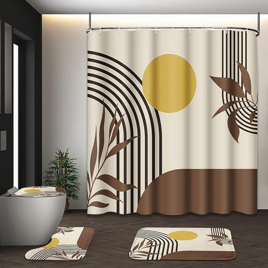 Boho Bathroom Sets with Shower Curtain and Rugs, 4 Pcs, Mid | Century Abstract Geometric Modern Bathroom Decor Set with Toilet Lid Cover, Non-Slip Bath Mats and Accessories 12 Hooks