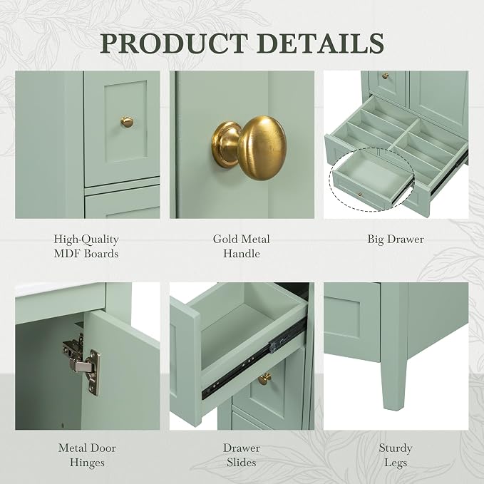 24" Bathroom Vanity with Ceramic Sink,Undermount Single Basin Bath Vanity Set w/3 Drawers and Adjustable Shelf,Modern Freestanding Storage Cabinet,MDF & Rubberwood,Green