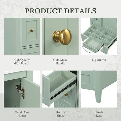 24" Bathroom Vanity with Ceramic Sink,Undermount Single Basin Bath Vanity Set w/3 Drawers and Adjustable Shelf,Modern Freestanding Storage Cabinet,MDF & Rubberwood,Green
