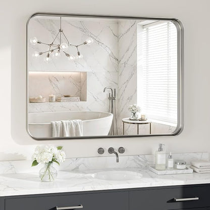 40X30 Inch Silver Metal Framed Bathroom Mirror for Wall,HD Tempered Glass | Matte Large Rounded Rectangle Vanity Mirror Farmhouse,Anti-Rust, Horizontally or Vertically Hanging
