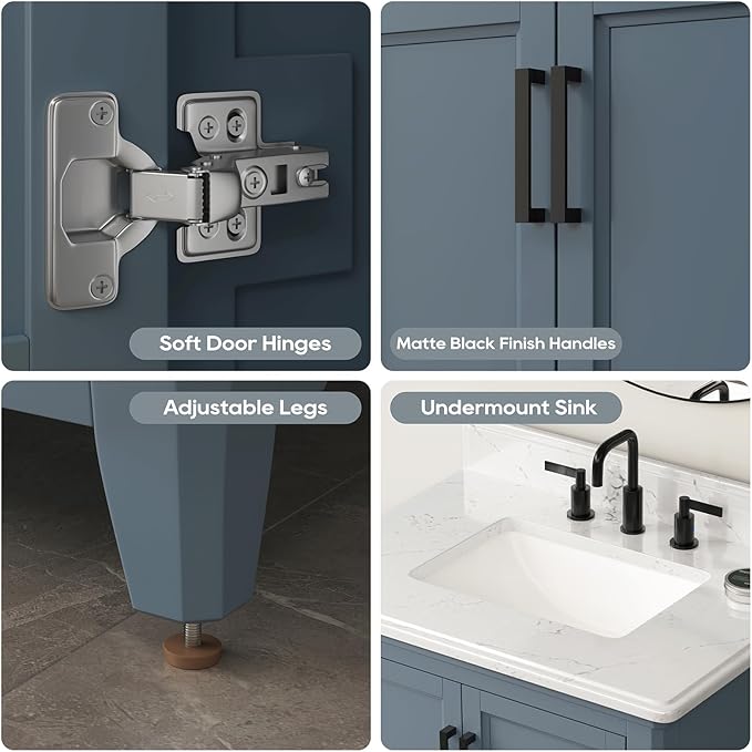 30 Inch Bathroom Vanity with Sink, 30 Inch Vanity with Adjustable Feets, Bathroom Storage Cabinet with Soft Closing Doors & Dovetail Drawers, Solid Wood Frame, Steel Blue
