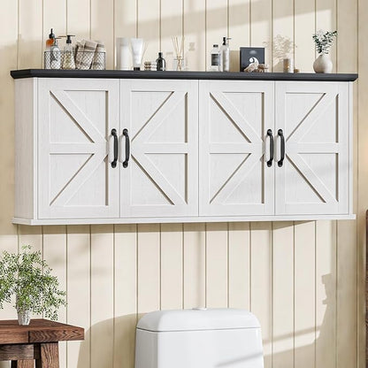 47" Laundry Room Cabinets and Storage with 4 Doors and Utility Adjustable Shelf, Large Wall Mounted Storage Cabinet, Upper Kitchen Cabinet for Laundry, Bathroom, and Kitchen, White and Black
