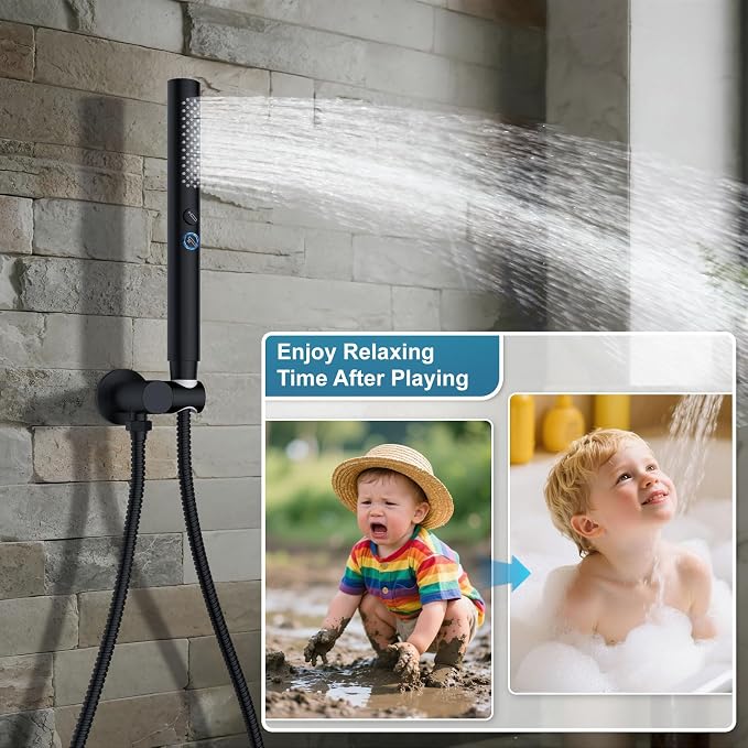 Shower System Shower Faucet Set Rainfall Shower Set with Valve 12+6" Dual Rain Shower Head with Handheld Ceiling Mount Wall Mount Shower Head Shower System, Matte Black