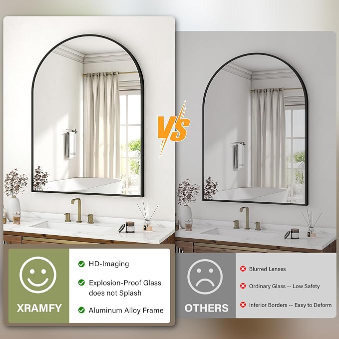 XRAMFY 32"x48" Arched Bathroom Mirror with Aluminum Frame Arched Wall Mounted Vanity Mirror for Entryway, Bedroom, Living Room, Black