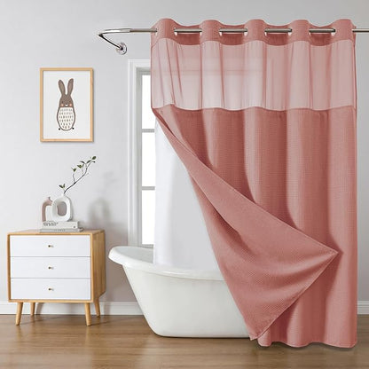 eachope No Hook Waffle Shower Curtain with Snap-in Liner, 71x74 Inch, Coral | 230 GSM waffle weave fabric, waterproof liner set with 2 bottom magnets, mesh top window, washable, for bathroom or hotel use