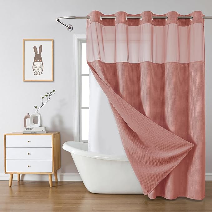 eachope No Hook Waffle Shower Curtain with Snap-in Liner, 71x77 Inch, Coral | 230 GSM waffle weave fabric, waterproof liner set with 2 bottom magnets, mesh top window, washable, for bathroom or hotel use