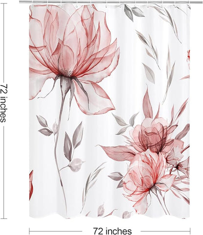 Litabel Red and Grey Boho Watercolor Floral Shower Curtain, Ink Painting Style Blossom & Leaf Shower Curtains for Chic Elegant Bathroom, Artistic Fabric Cloth Flower Shower Curtain, 72x72