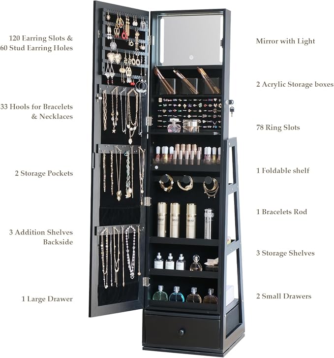 Full Length Jewelry Cabinet Standing With Built-In Mirror Jewelry Armoire With Mirror Drawers, Lockable Storage Mirror With Storage Racks Black