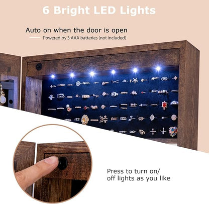 CHARMAID Jewelry Armoire Cabinet with Full Length Mirror, 6 LEDs Standing Lockable Jewelry Organizer with Vanity Makeup Mirror, 4 Storage Drawers, 4 Shelves, Lipstick Tray, 4 Angles (Rustic Brown)