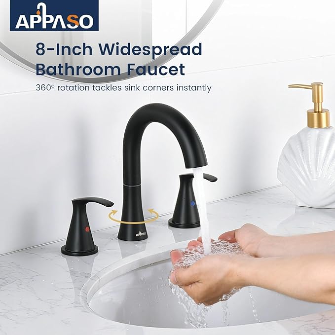APPASO Black Bathroom Faucets 3 Hole, Matte Black Bathroom Sink Faucet with Supply Lines & Pop Up Drain, SUS304 Stainless Steel 8 Inch Widespread Bathroom Faucet for Vanity RV Farmhouse Sink