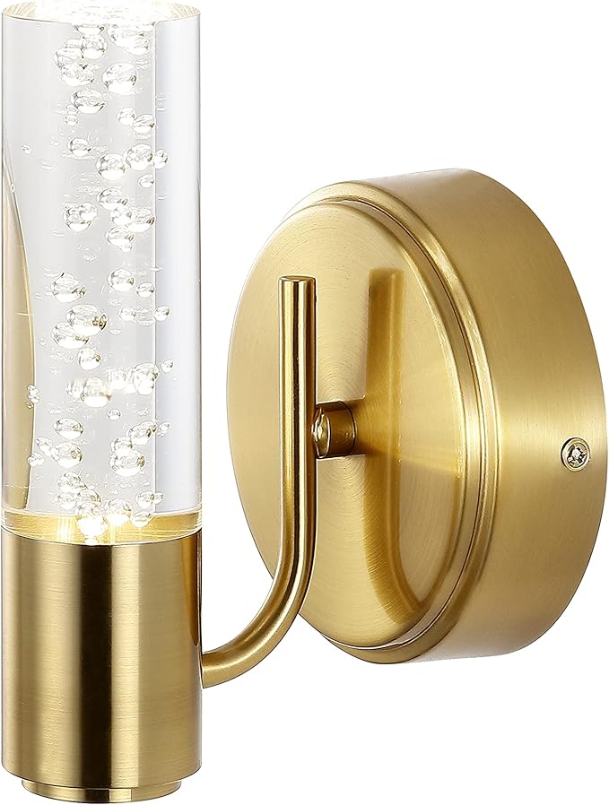 JONATHAN Y 5.5" Brass Gold 1-Light Modern Integrated LED Vanity Light Wall Sconce for Bathroom, Clear Bubble Acrylic Shade Minimalist Art Deco Light for Hallway, Entryway, 4000K (JYL7222B)
