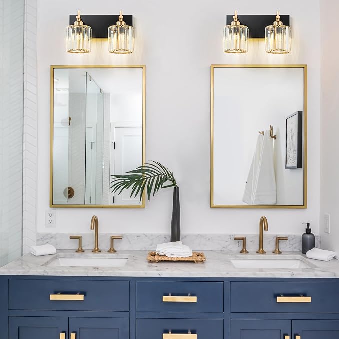 2-Light Crystal Bathroom Vanity Lights, Black Gold Modern Bathroom Light Fixtures Over Mirror Crystal Wall Lighting with Polished Gold Finish