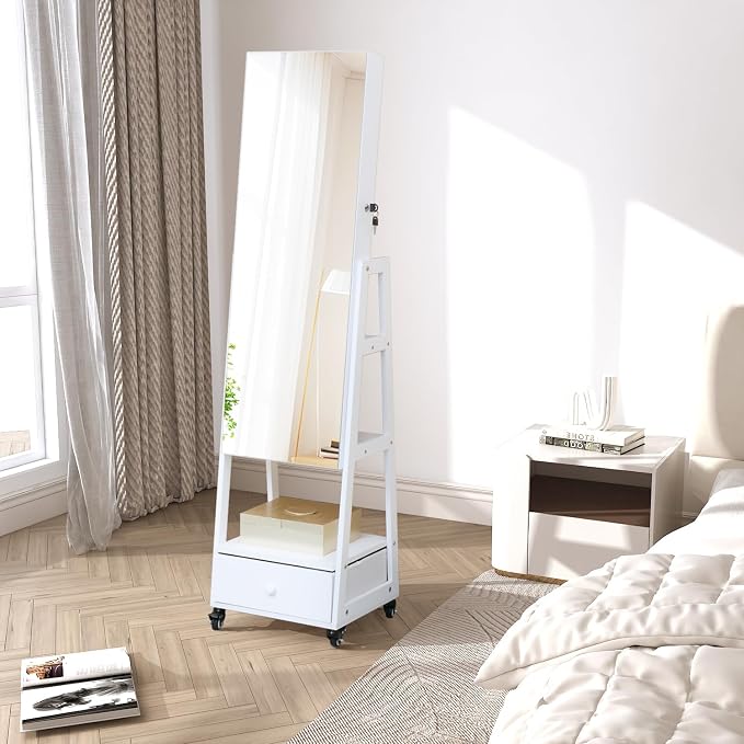 Mirror Jewelry Cabinet 62 Inch Full Length Mirror with Standing Jewelry Armoire Organizer, Lockable Jewelry Storage Cabinet With Drawer Wheels White