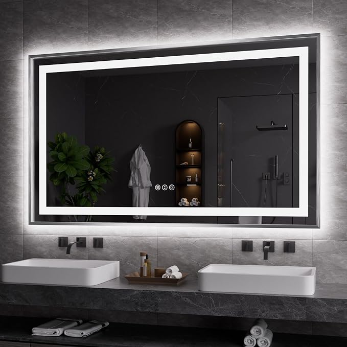 LED Bathroom Mirror 60"X36", Front Light and Backlit(Brushed Silver) | Metal Framed Mirror, Stepless Dimmable, Anti-Fog, HD Reflection, Shatter-Proof, Memory, 3 Colors, Double LED Vanity Mirror.
