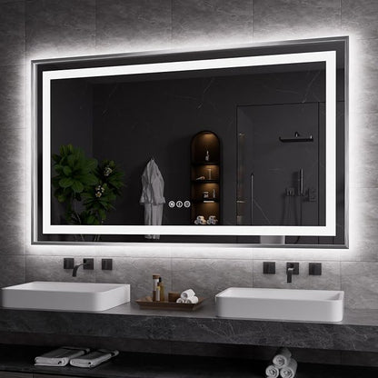 LED Bathroom Mirror 60"X36", Front Light and Backlit(Brushed Silver) | Metal Framed Mirror, Stepless Dimmable, Anti-Fog, HD Reflection, Shatter-Proof, Memory, 3 Colors, Double LED Vanity Mirror.
