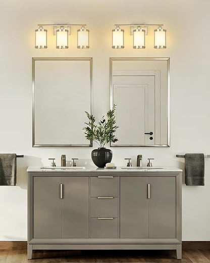 3-Light Brushed Nickel Bathroom Light Fixtures with Milk Frosted Glass, 21" Modern Bathroom Vanity Lighting Fixtures Over Mirror with Metal Cage, Wall Sconce Lights for Bath, E26, OS-3014BNW-3W